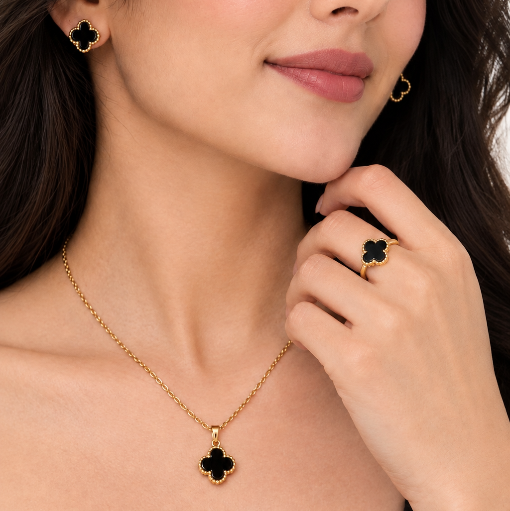 Black Clover Jewellery Set | Necklace, Earrings & Ring for Women