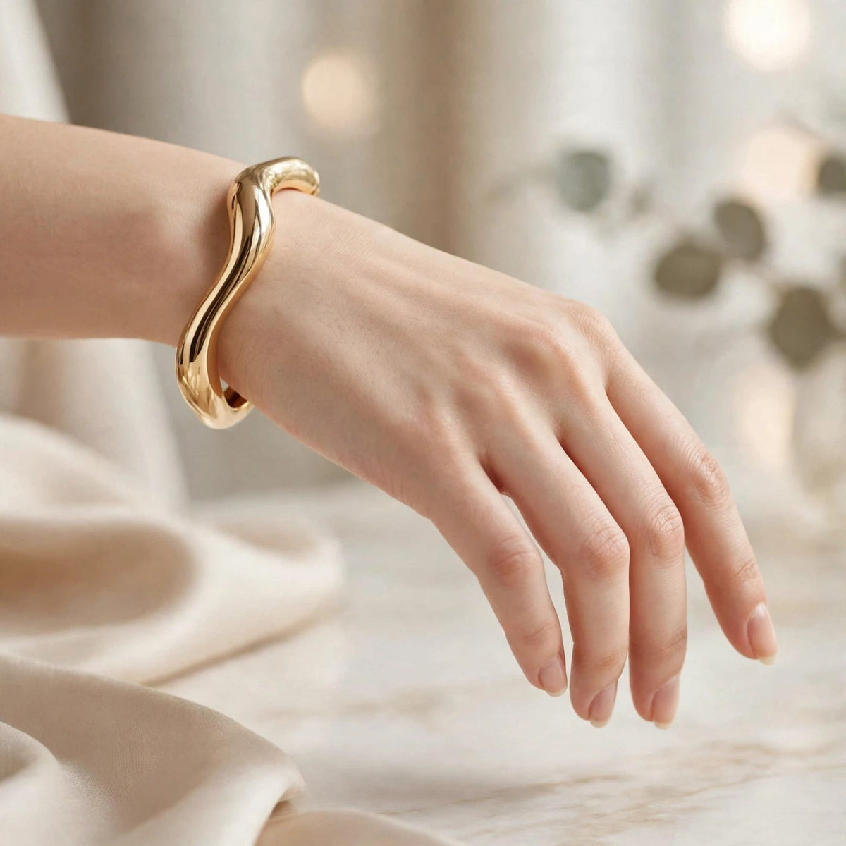Gold Wavy Bangle | Chunky Hinged Cuff Bangle for Women