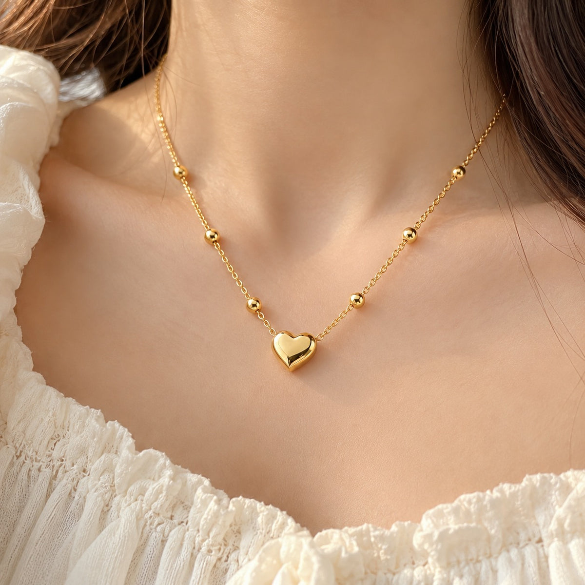 Puffy Heart Beaded Chain Necklace | Golden Heart Necklace for Women