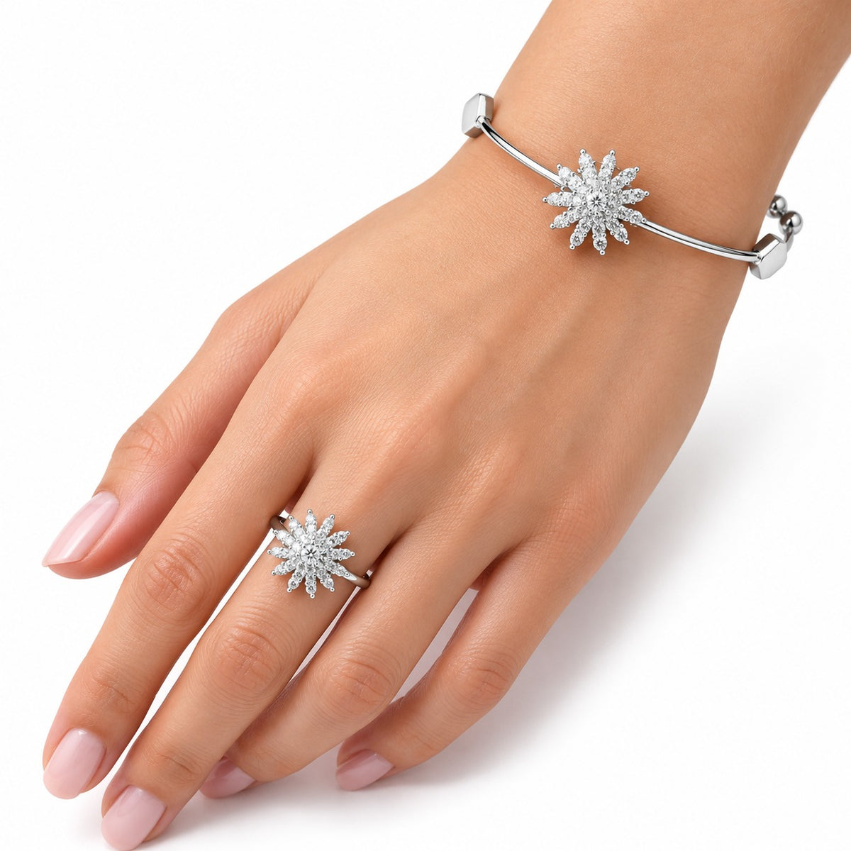 Silver Starburst Bangle & Ring Set | Stone Flower Bangle for Women
