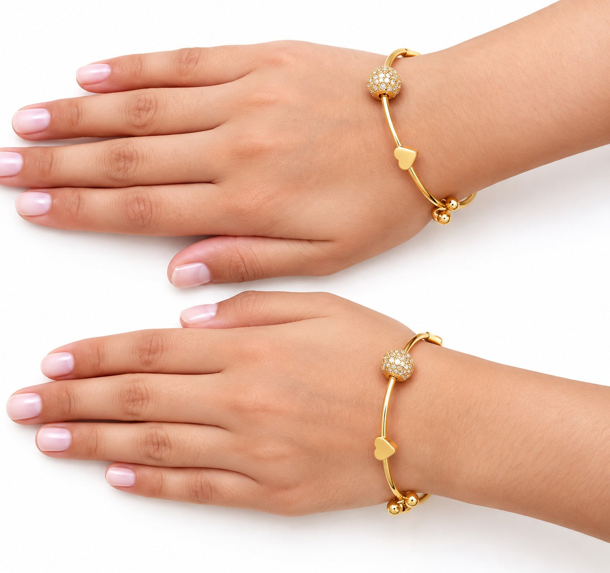 Pair Of Gold Charm Bangle | Heart, Flower & Stone Ball Charm Bracelet for Women