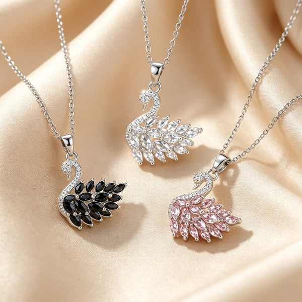 Crystal swan pendant necklaces in black, silver and pink - Avenzra Swan Pendant Necklace