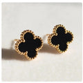 Gold-tone black clover stud earrings close-up - Avenzra Black Clover Jewellery Set