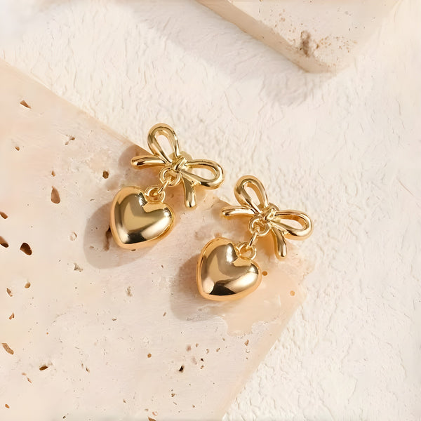Bow Heart Drop Earrings | Golden Bow Earrings for Women
