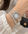 Double Wrap Bracelet Watch with Stones | Silver Watch for Women