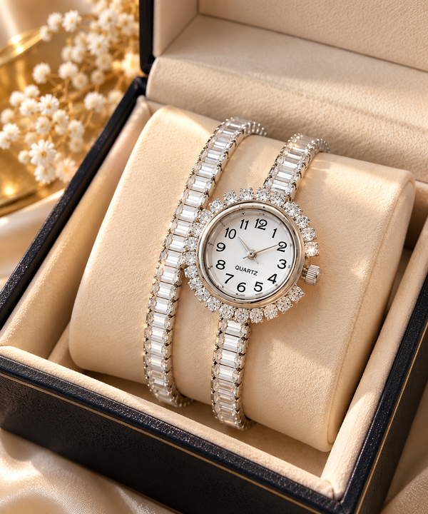 Double Wrap Bracelet Watch with Stones | Silver Watch for Women