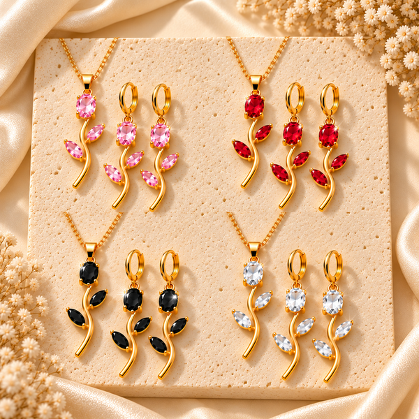 Tulip jewellery sets in pink, red, black and clear stones - Avenzra Tulip Pendant Necklace & Earrings Set