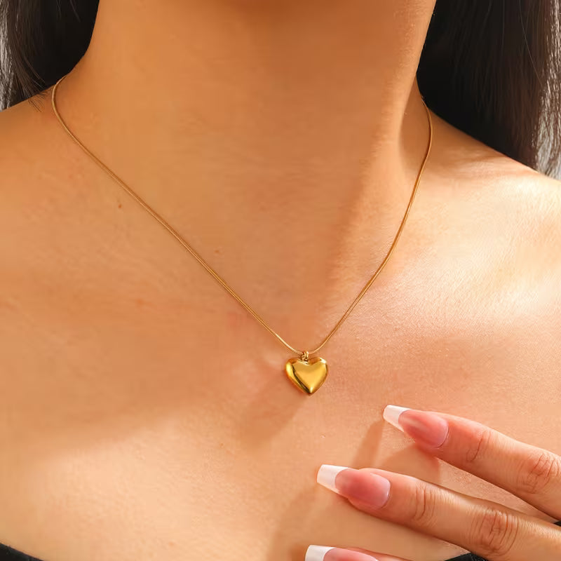 Puffy Heart Pendant Necklace | Golden Heart Snake Chain Necklace for Women
